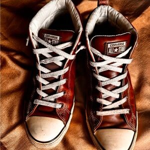 Converse Men's Brown Leather High-Top Sneakers with White Laces